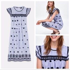 NEW Zara navy Floral Embroidered cap sleeve Dress